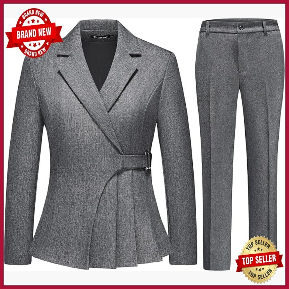 Modern Fitted Pantsuit Set Long Sleeve Blazer Straight Leg Pants Business Casual